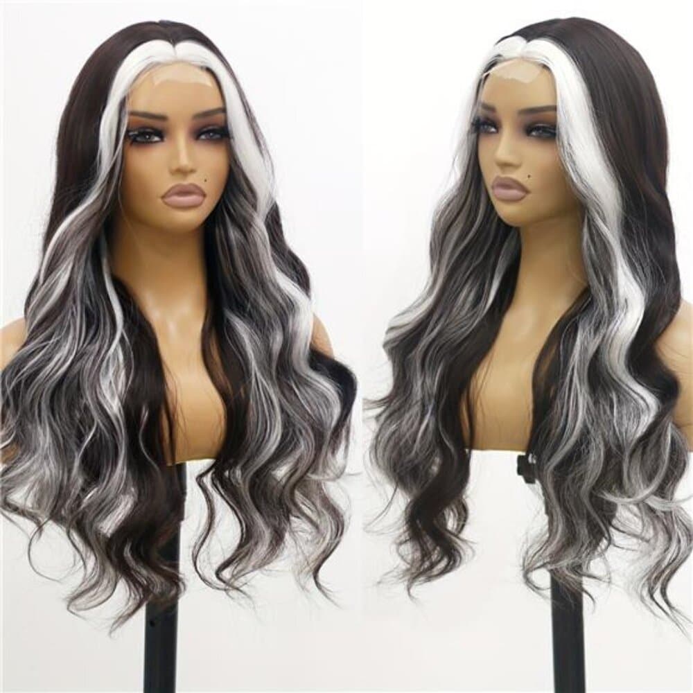 Ombre White to Black Colorful Wave Lace Front Wig with - 26 Inch Long Heat - Thumbnail 3