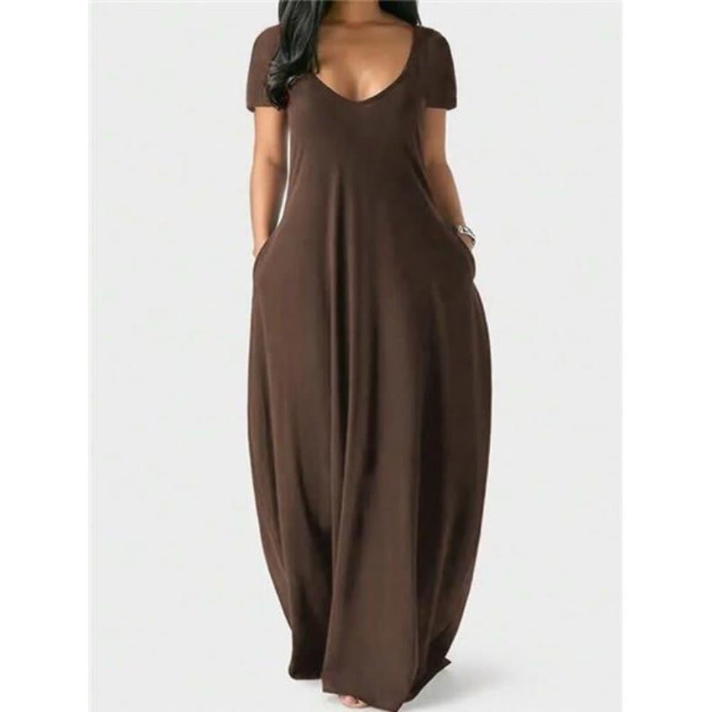 Brown Short Sleeve Dress With Hidden Pocket - Thumbnail 4