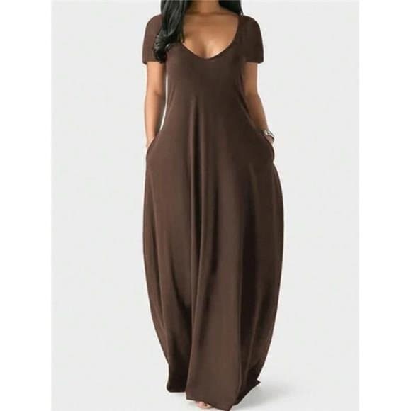 Brown Short Sleeve Dress With Hidden Pocket - Thumbnail 9