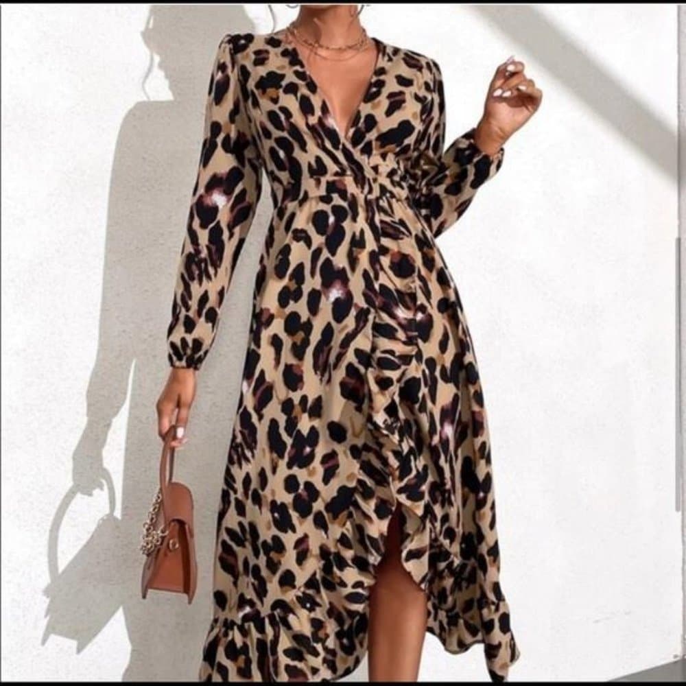 Boho camel leopard print wrap ruffle maxi dress - Thumbnail 12