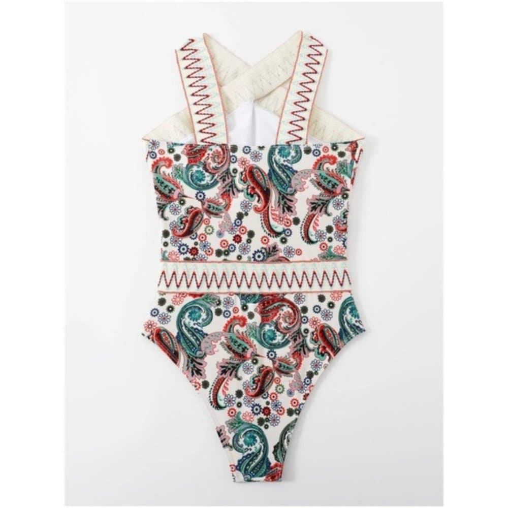 Paisley Floral Print One Piece Monokini Swim Beach - Thumbnail 3