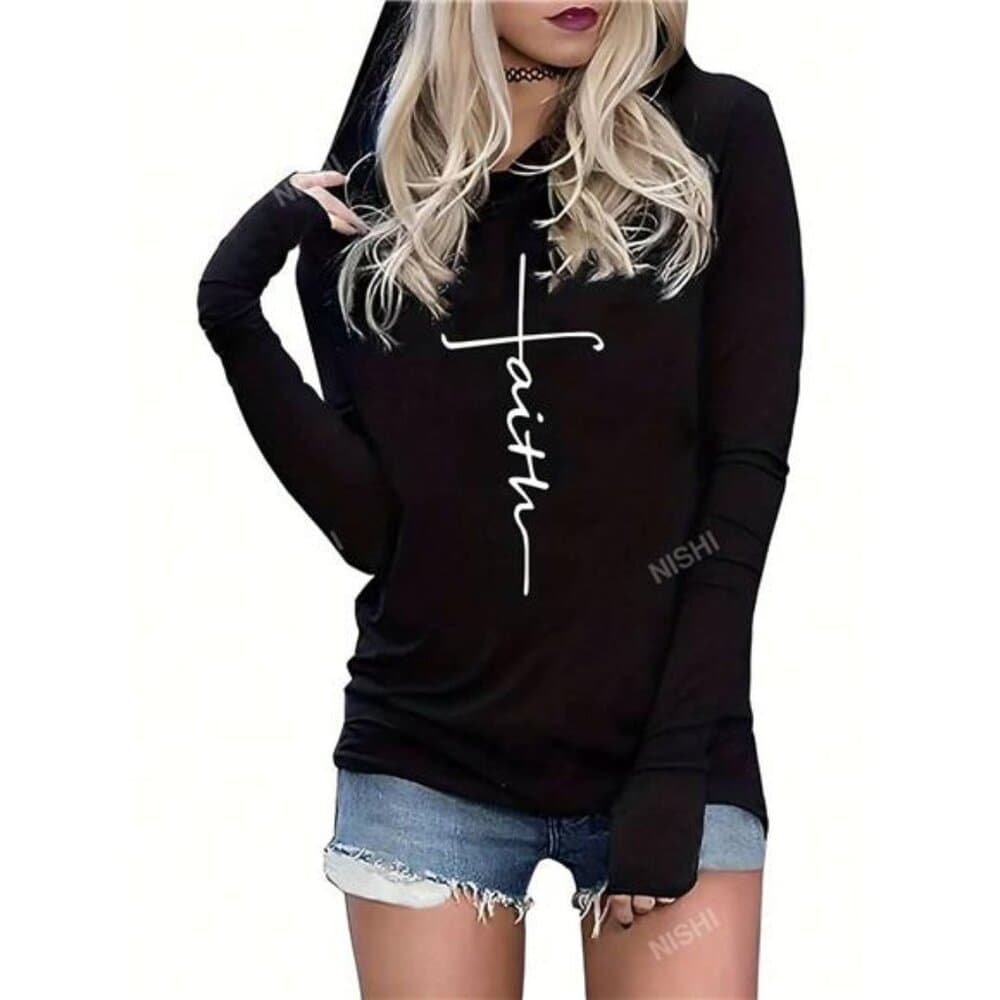 Letter Printed Long Sleeve Hooded T-Shirt - Thumbnail 5