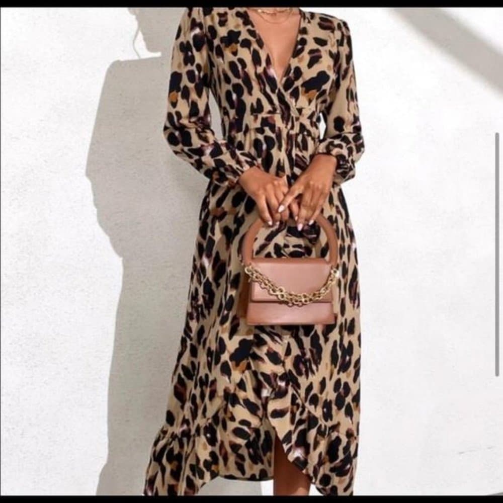 Boho camel leopard print wrap ruffle maxi dress - Thumbnail 7