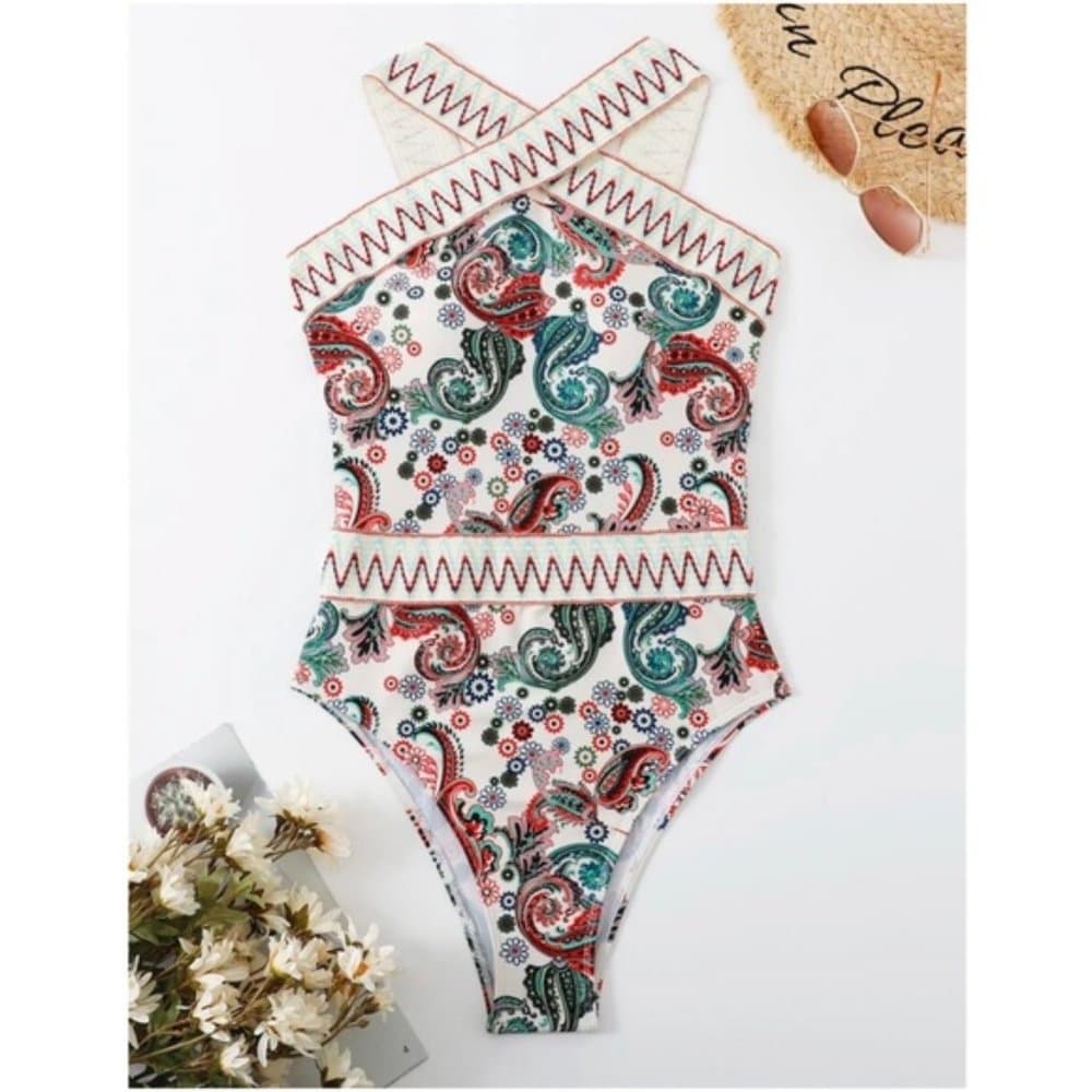 Paisley Floral Print One Piece Monokini Swim Beach - Thumbnail 4