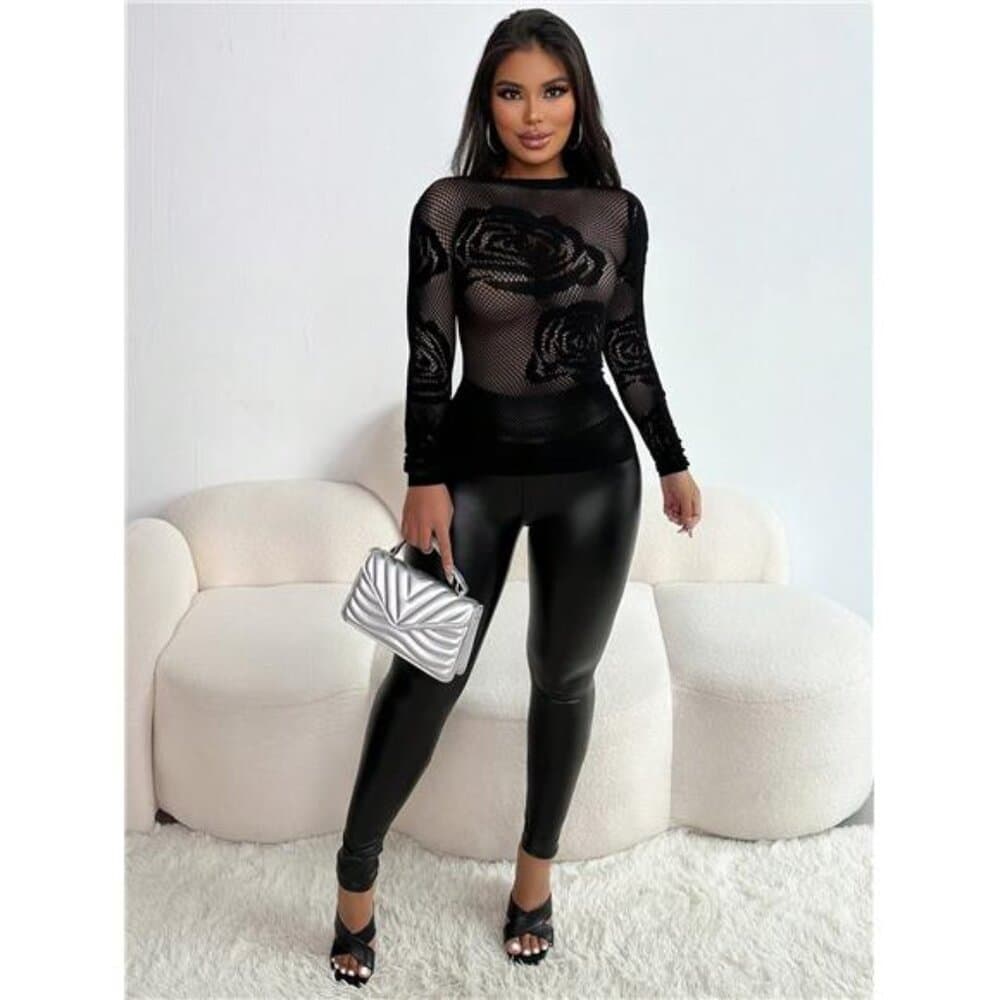 Foxxy Round Neck Long Sleeve Fashionable Sexy Mesh Sheer Blouse, Casual Resort - Thumbnail 3