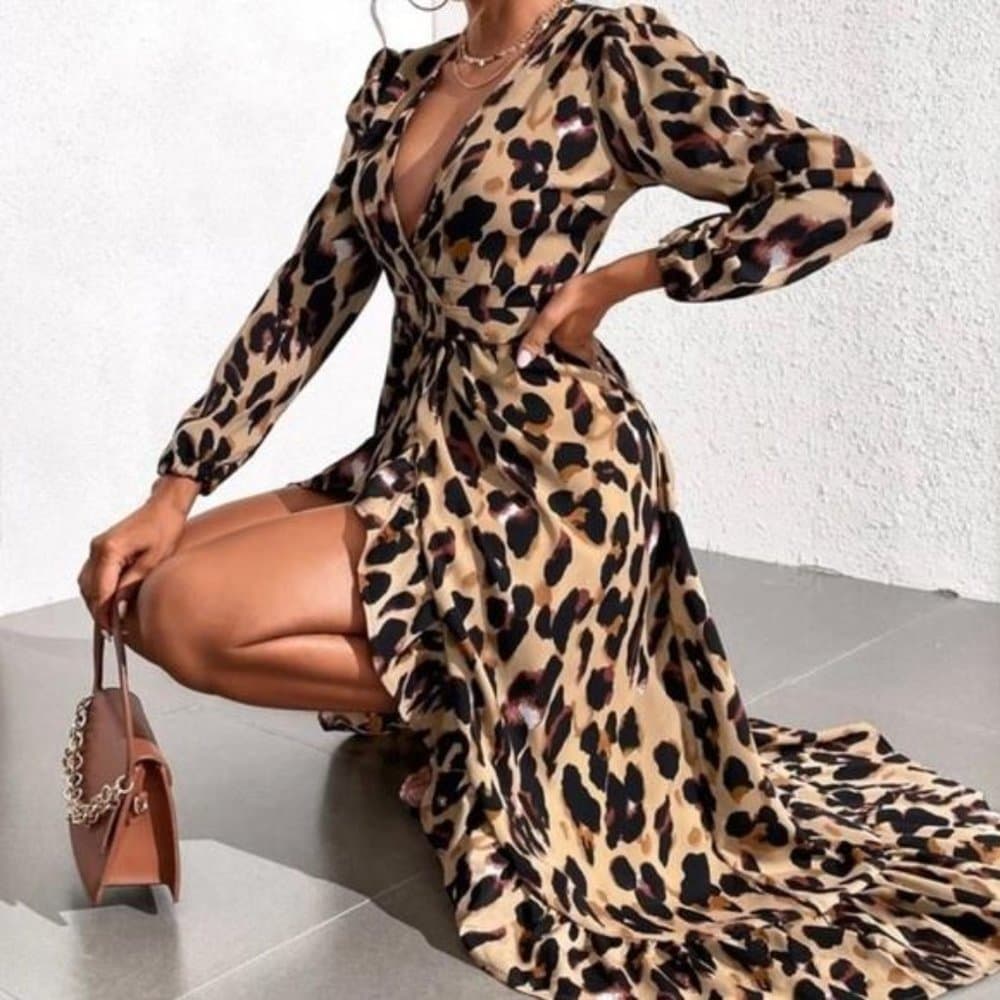 Boho camel leopard print wrap ruffle maxi dress - Thumbnail 15