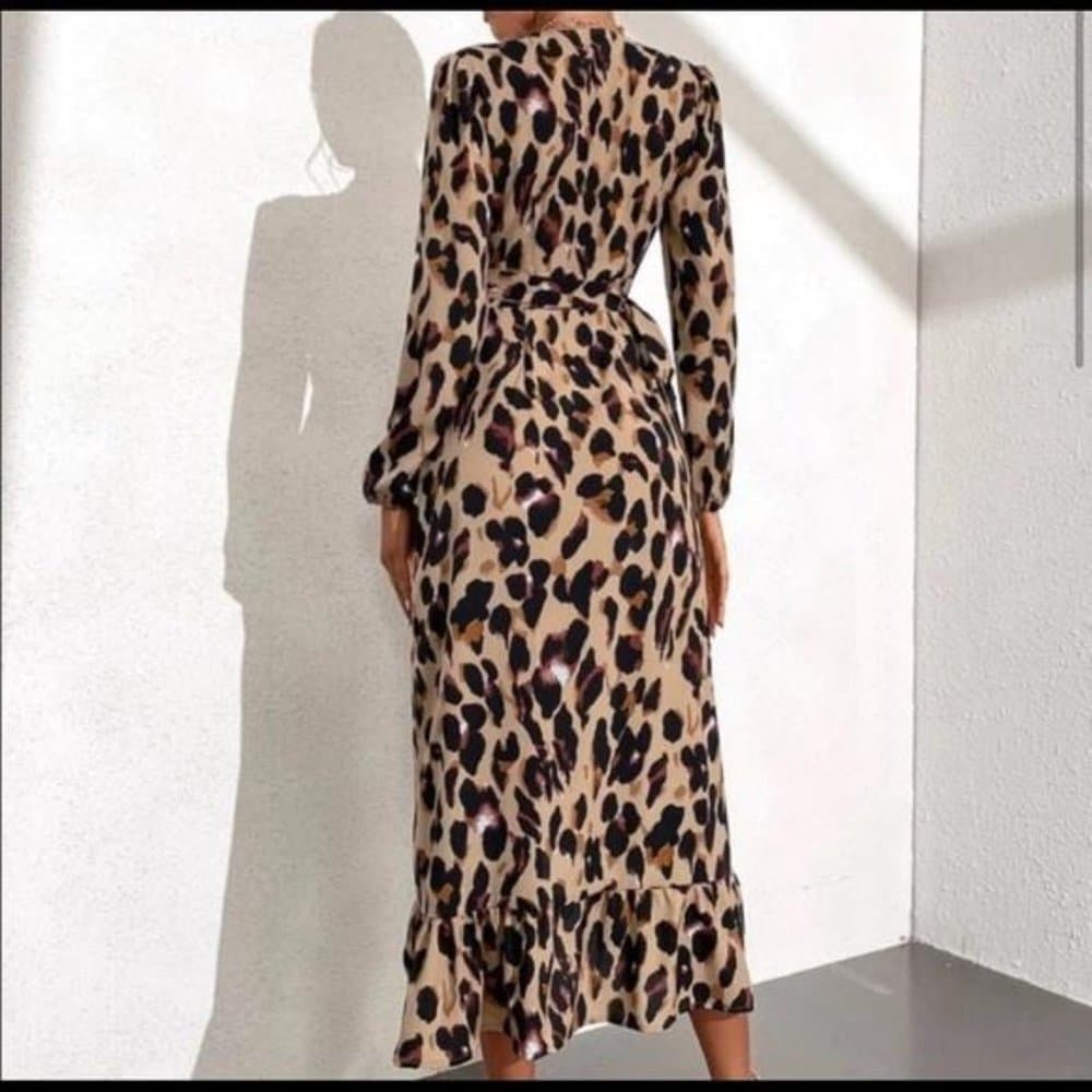 Boho camel leopard print wrap ruffle maxi dress - Thumbnail 2