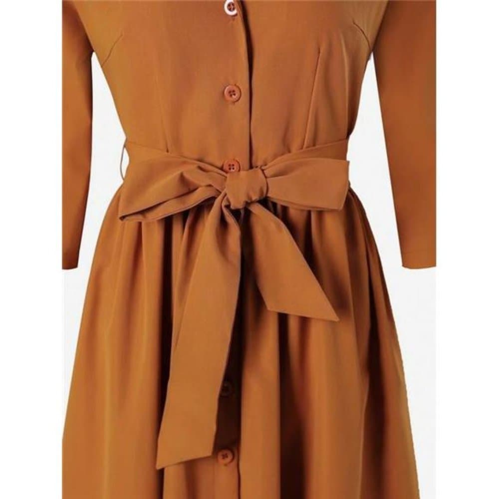 Women's Short Sleeve Tie Waist Knit Dress - Thumbnail 12
