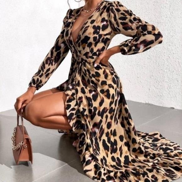 Boho camel leopard print wrap ruffle maxi dress - Thumbnail 17