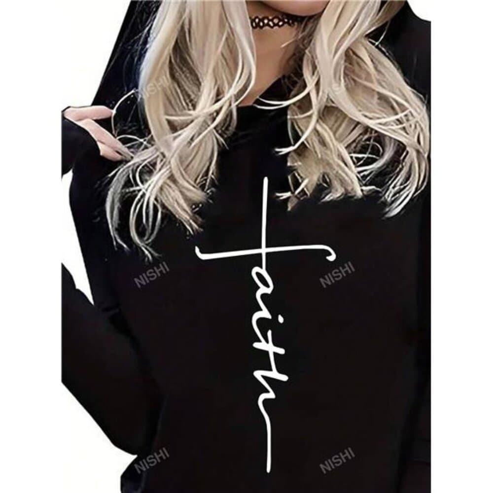 Letter Printed Long Sleeve Hooded T-Shirt - Thumbnail 4