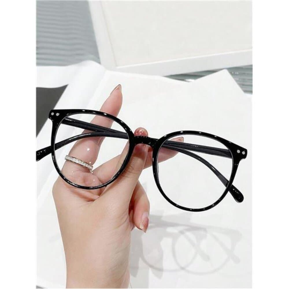 1pc Women's Black Oval Fashion Prescription Free American Flat Glasses, - Thumbnail 10