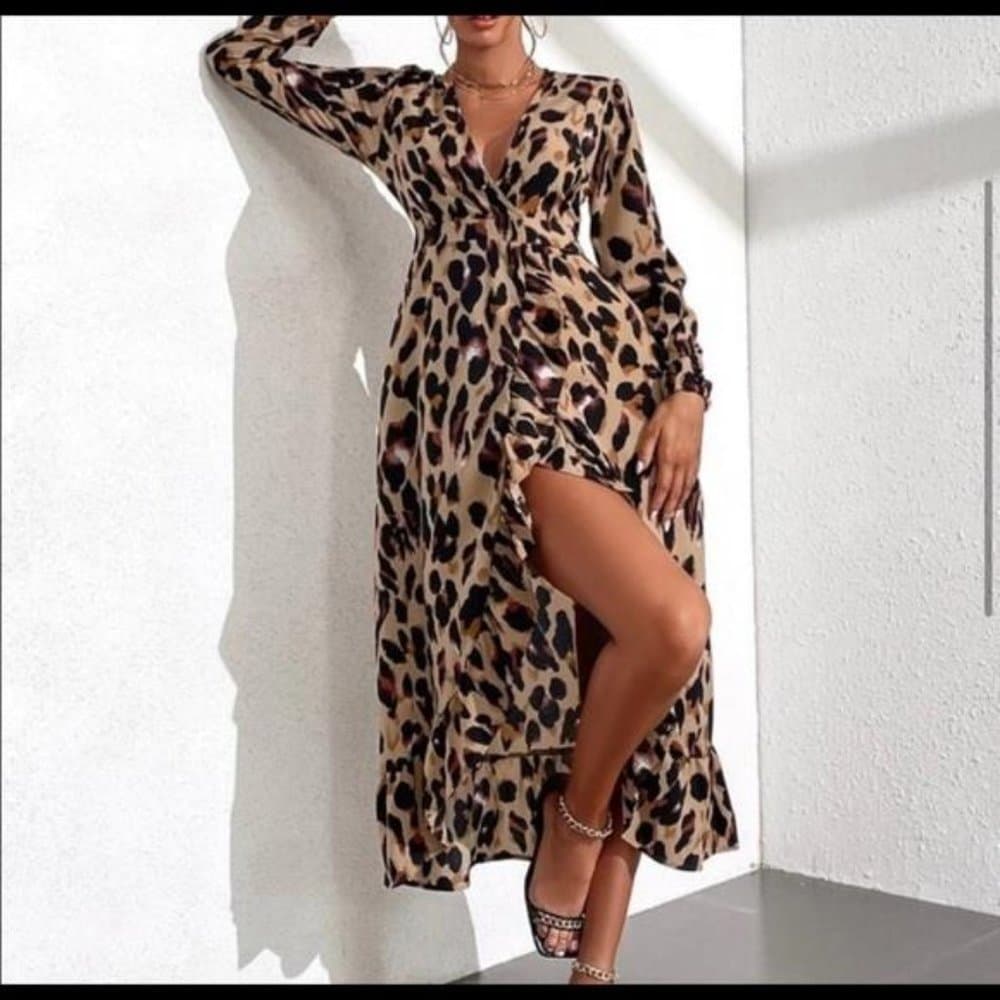 Boho camel leopard print wrap ruffle maxi dress - Thumbnail 13