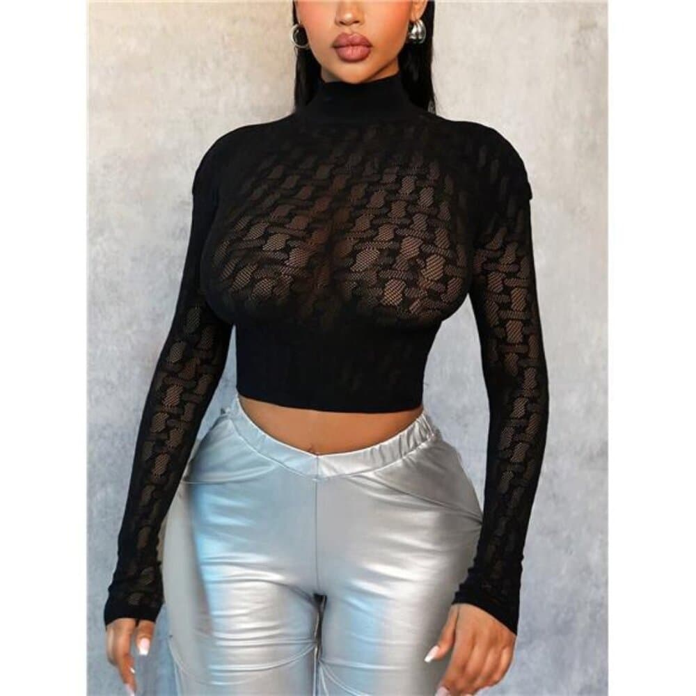 High Neck Long Sleeve Cropped Fitted Sexy Jacquard Blouse - Thumbnail 7