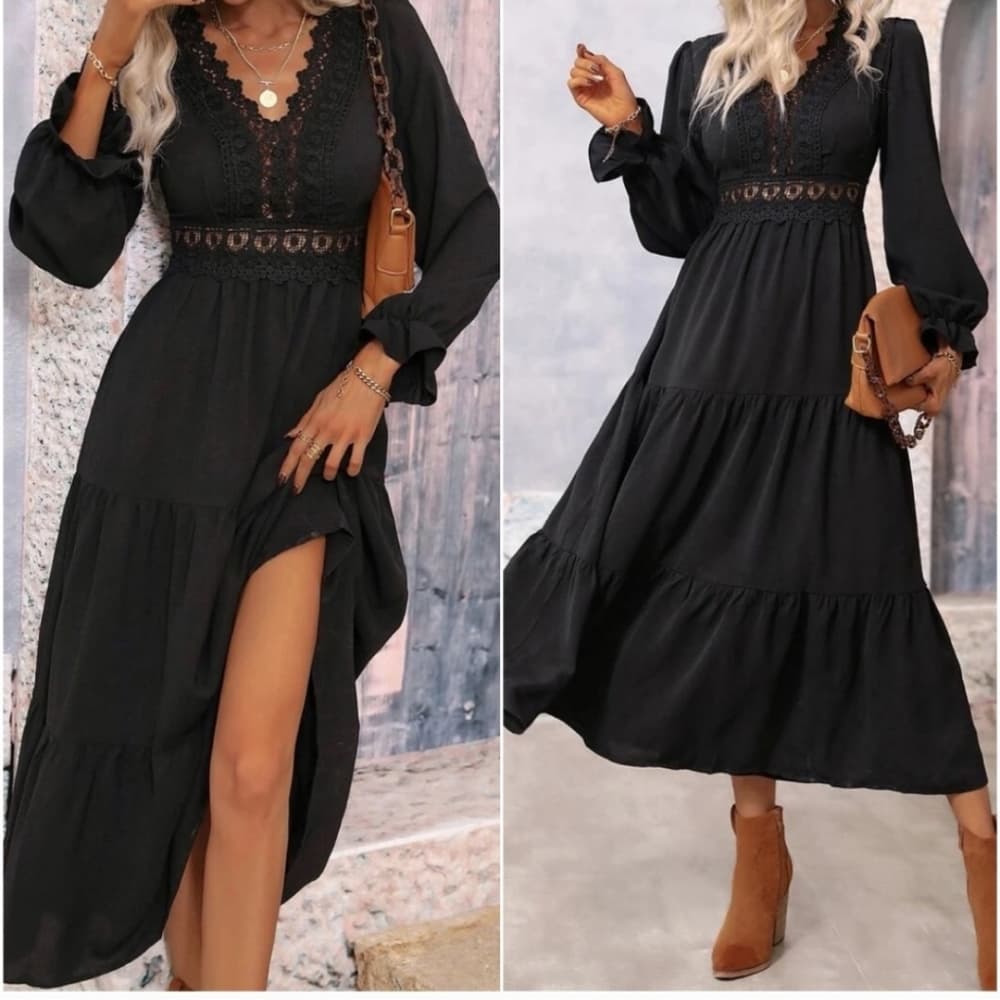Black Ruffle Lace Dress - Thumbnail 3