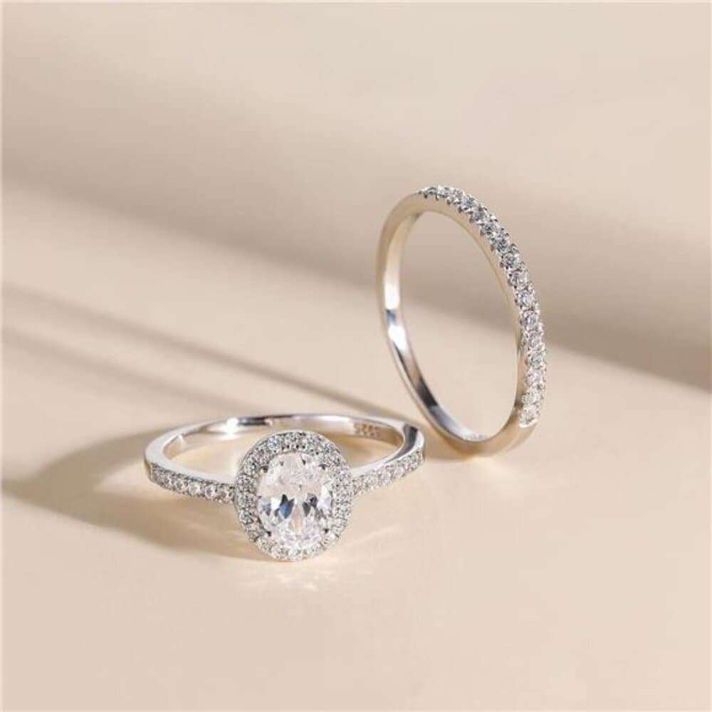 1.5CT 925 Sterling Silver Cubic Zirconia Bridal Rings Sets Oval Cut CZ - Thumbnail 2