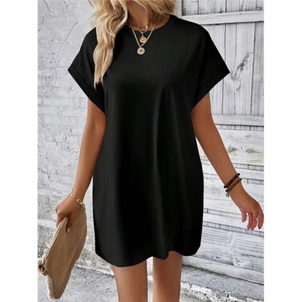 Black Solid Batwing Sleeve Hidden Pocket Tee Dress - Thumbnail 2