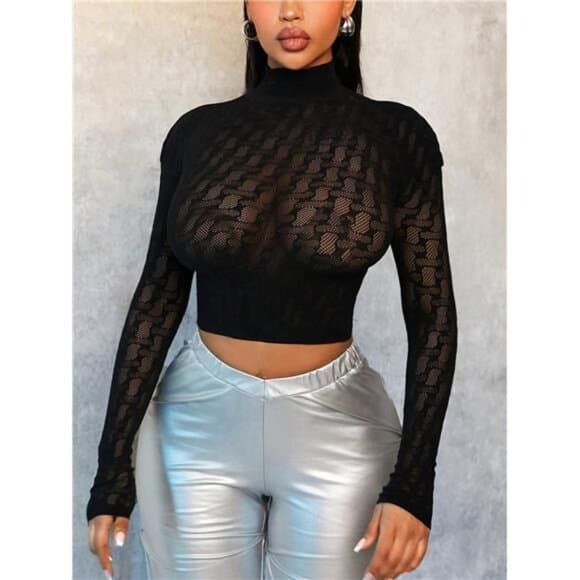 High Neck Long Sleeve Cropped Fitted Sexy Jacquard Blouse - Thumbnail 8