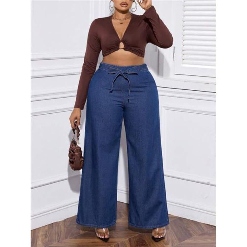 Plus Belted Wide Leg Jeans - Thumbnail 3