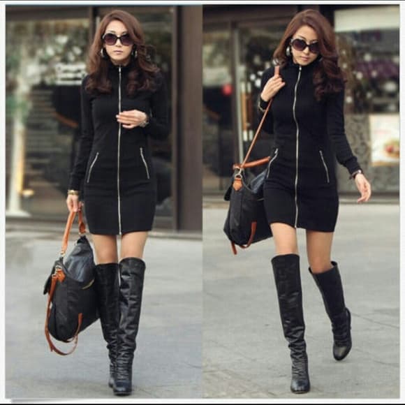 Beautiful Black Zipper Mini Bodycon Dress Medium - Thumbnail 4