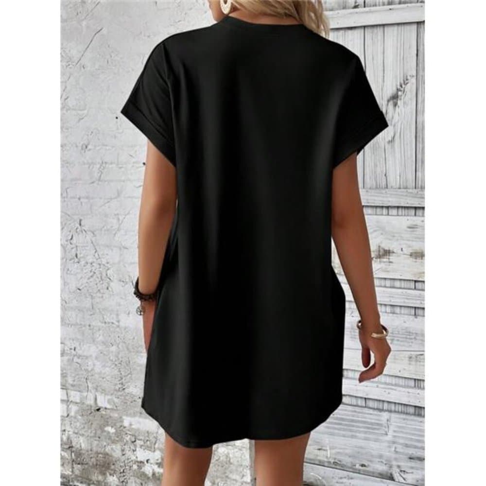Black Solid Batwing Sleeve Hidden Pocket Tee Dress - Thumbnail 4