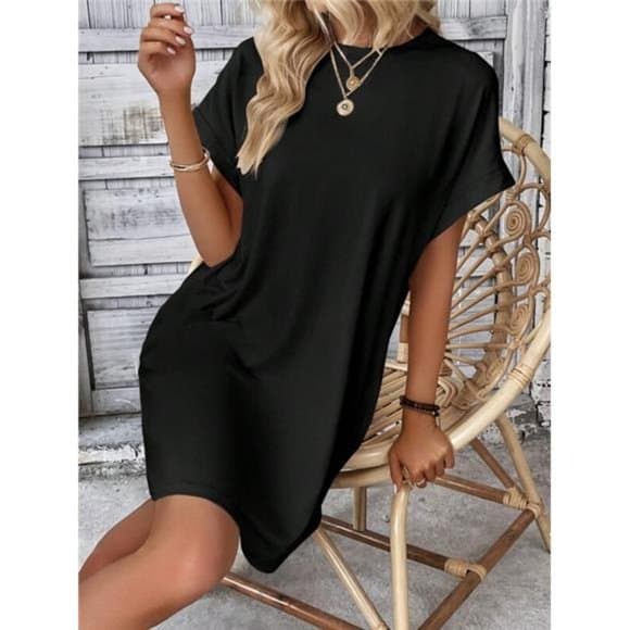 Black Solid Batwing Sleeve Hidden Pocket Tee Dress - Thumbnail 7