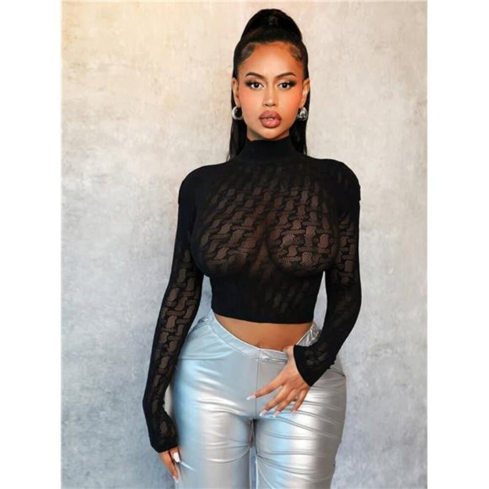 High Neck Long Sleeve Cropped Fitted Sexy Jacquard Blouse - Thumbnail 5