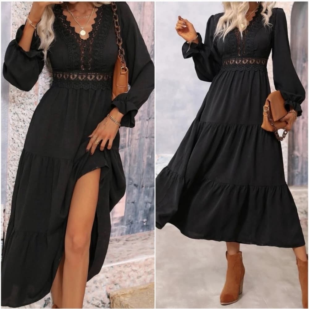 Black Ruffle Lace Dress - Thumbnail 2