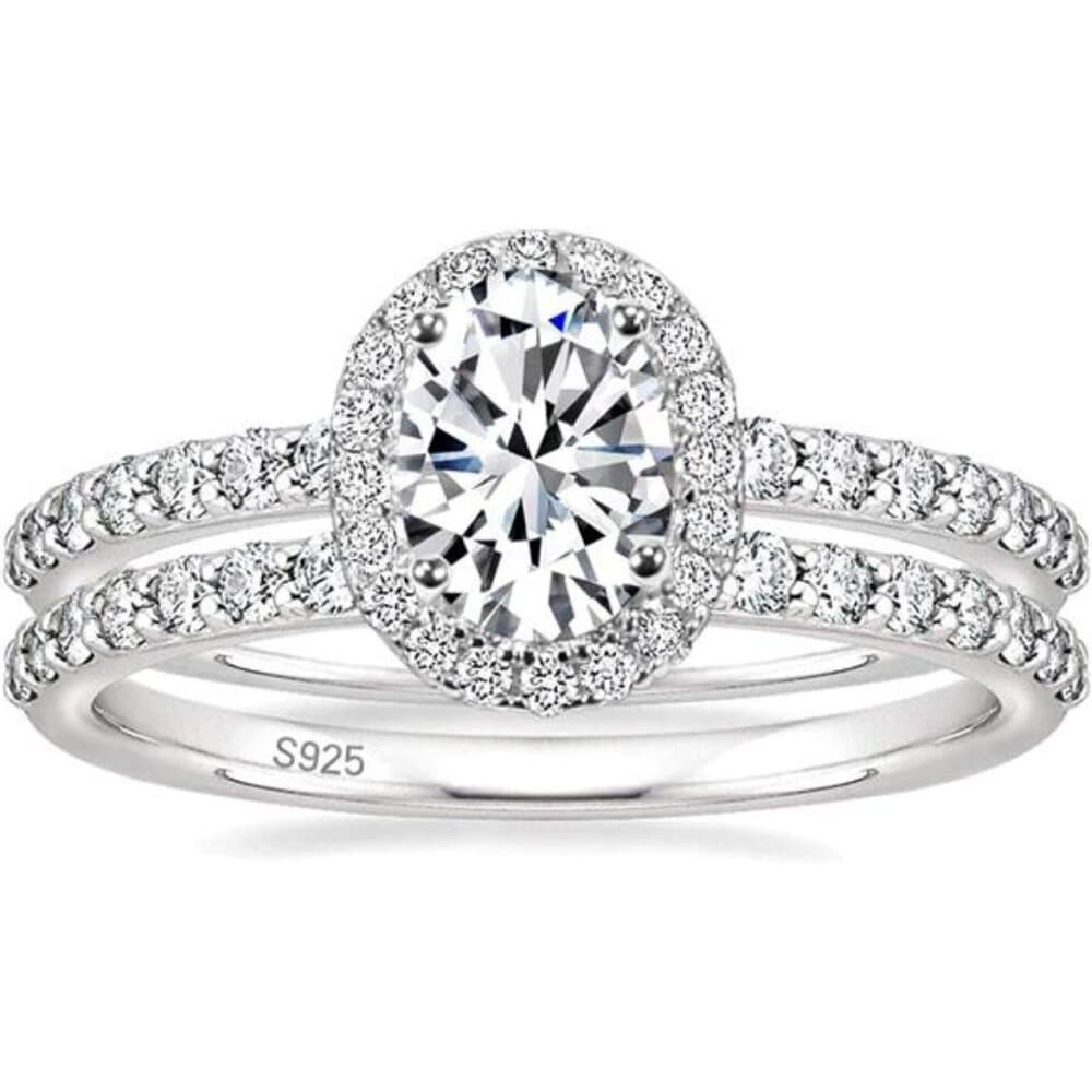 1.5CT 925 Sterling Silver Cubic Zirconia Bridal Rings Sets Oval Cut CZ - Thumbnail 6