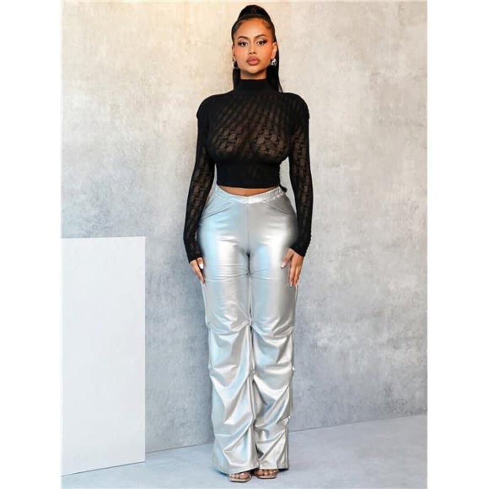 High Neck Long Sleeve Cropped Fitted Sexy Jacquard Blouse - Thumbnail 2