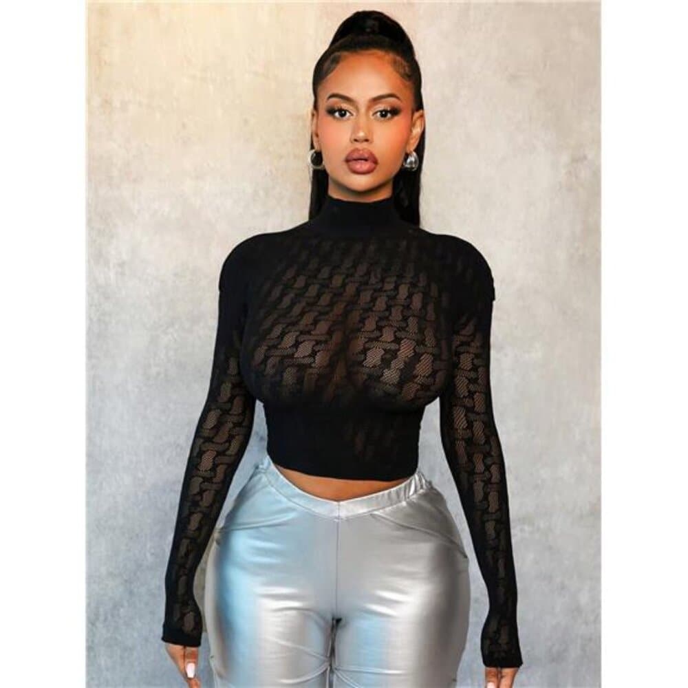 High Neck Long Sleeve Cropped Fitted Sexy Jacquard Blouse - Thumbnail 4