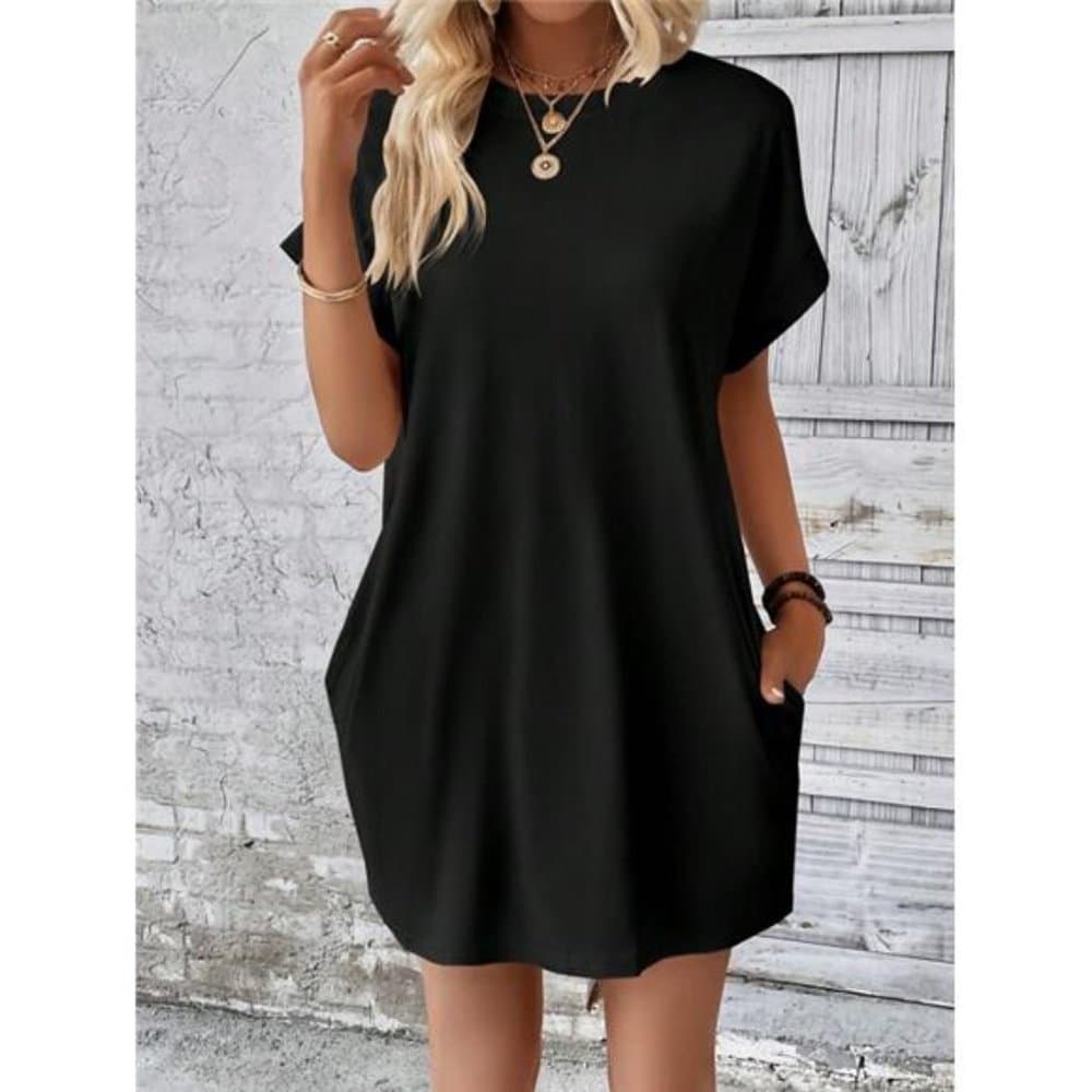 Black Solid Batwing Sleeve Hidden Pocket Tee Dress - Thumbnail 3