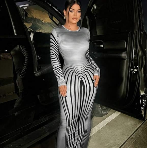 Striped Print Bodycon Dress - Thumbnail 7