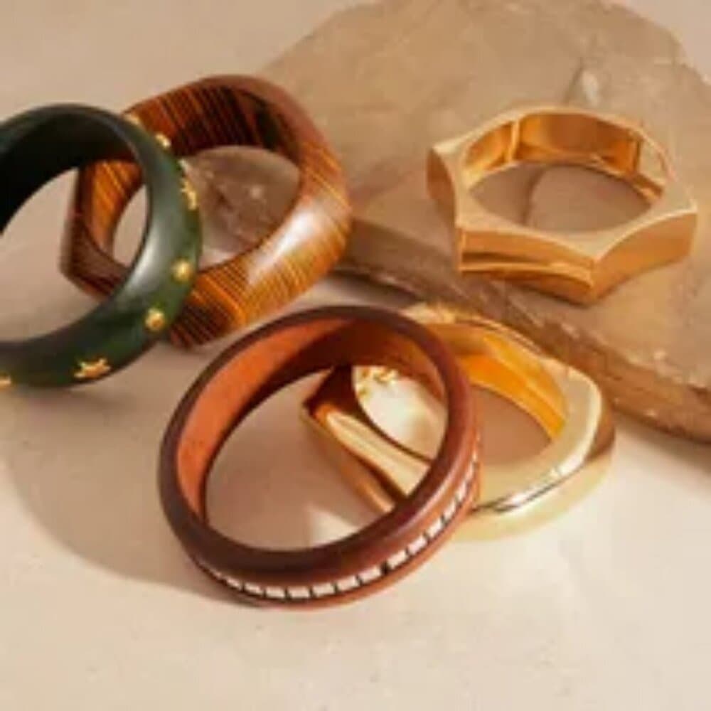 Elegant Hexagonal Cut Wood Bracelet Fashionable European Style Double Ring - Thumbnail 3