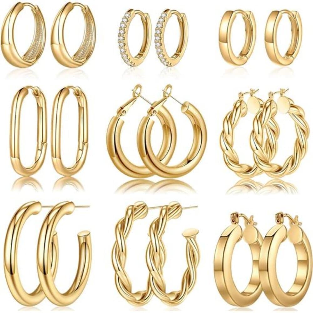 9 Pairs Gold Hoop Earrings for Women, 925 Sterling Silver Post 14K Real - Thumbnail 7