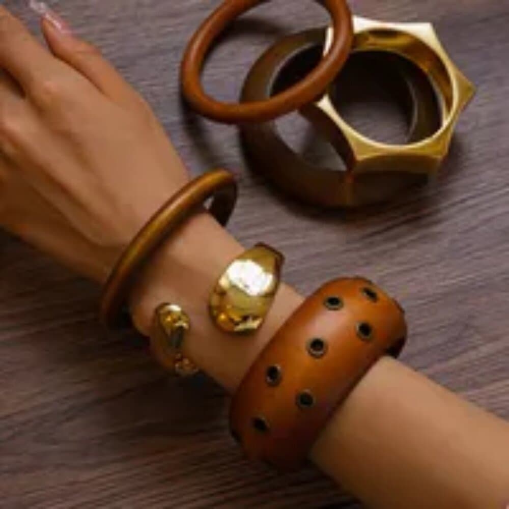 Elegant Hexagonal Cut Wood Bracelet Fashionable European Style Double Ring - Thumbnail 2