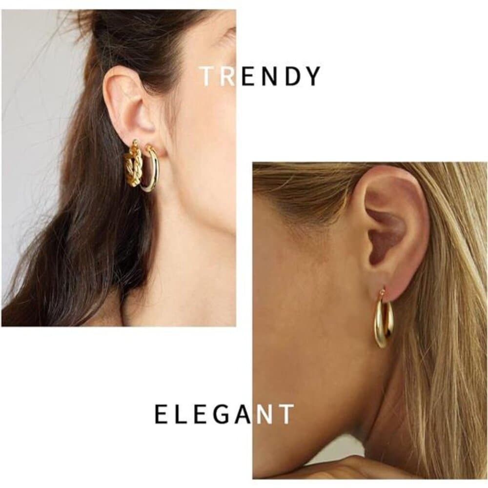 9 Pairs Gold Hoop Earrings for Women, 925 Sterling Silver Post 14K Real - Thumbnail 3