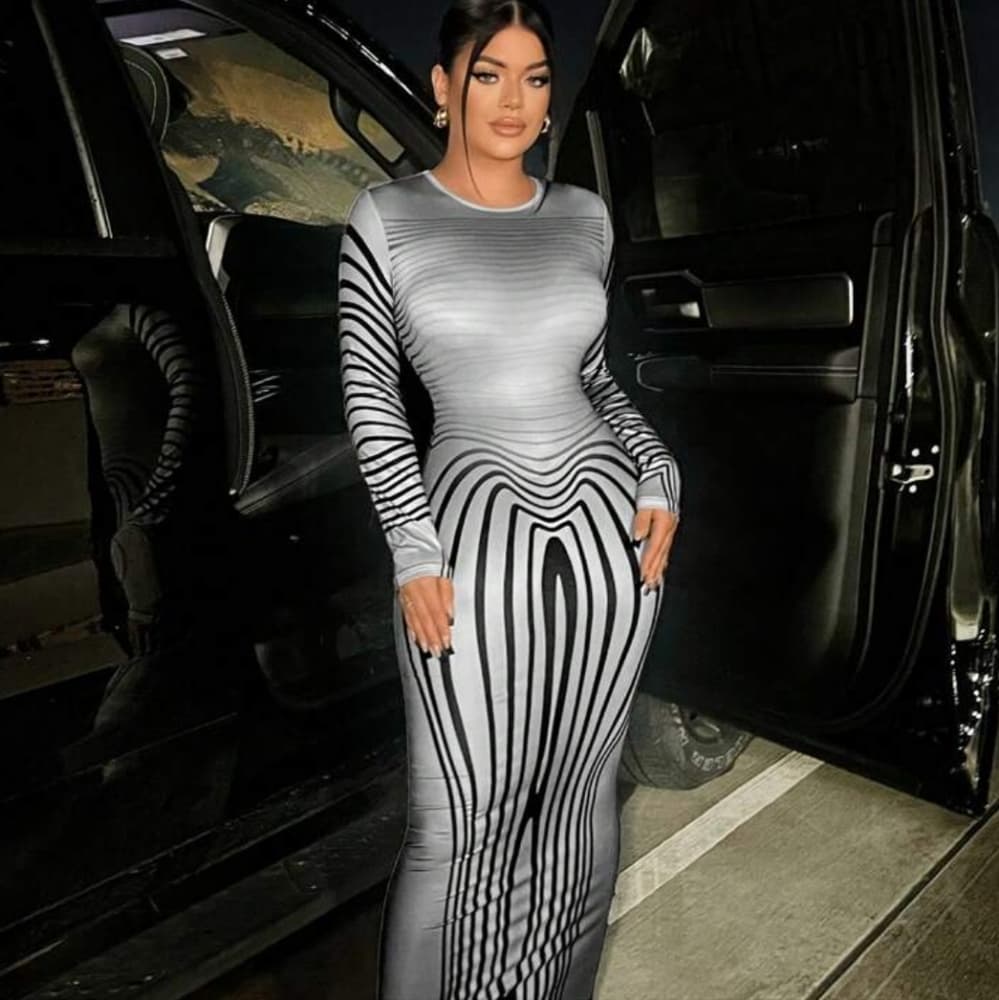 Striped Print Bodycon Dress - Thumbnail 6