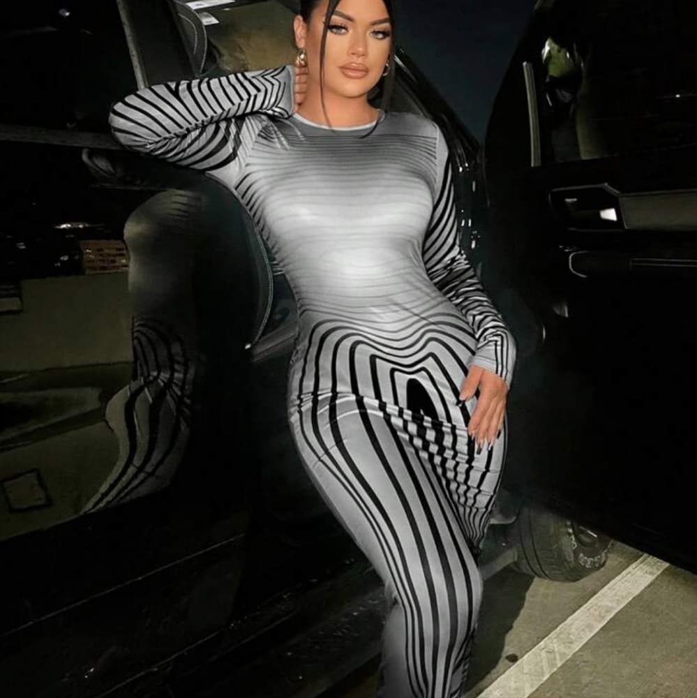 Striped Print Bodycon Dress - Thumbnail 3