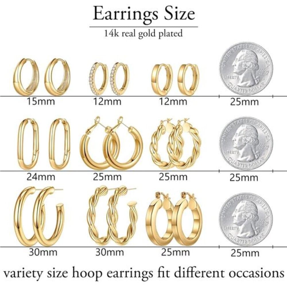 9 Pairs Gold Hoop Earrings for Women, 925 Sterling Silver Post 14K Real - Thumbnail 4