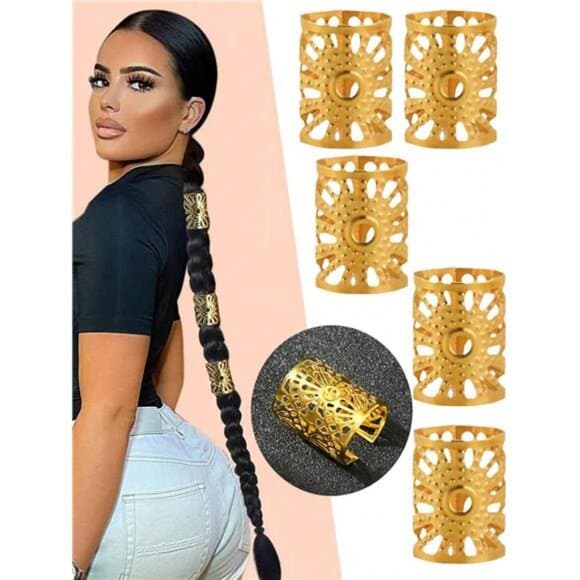 5pcs Large Hollow Gold Hair Rings, Dreadlock Vintage Hair Clips, Fashionable - Thumbnail 10
