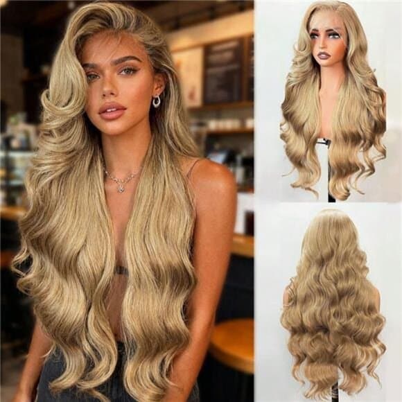 Honey Blonde 13x4 Lace Front Wig 28 Inch Body Wave Blonde Color Glueless - Thumbnail 10