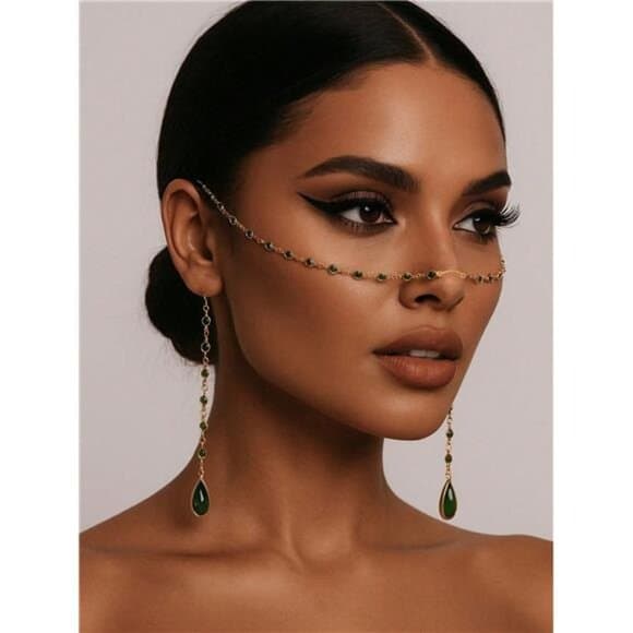 Green Crystal Tassel Face Chain, Minimalist Face Jewelry Accessory For Women - Thumbnail 6