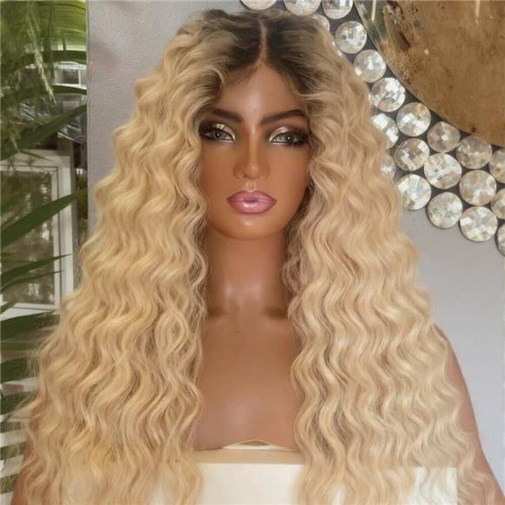 Ombre Blonde Curly Synthetic Wig 13x4 HD Lace Front Wigs for Women | Deep Wave - Thumbnail 3