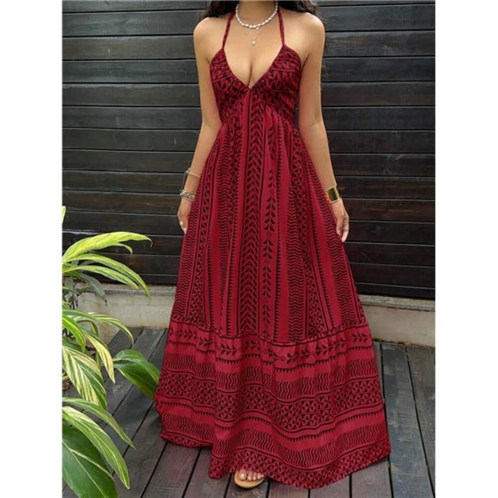Red Digital Print Fitted Waist Backless Tie Strap Dress, French - Thumbnail 5