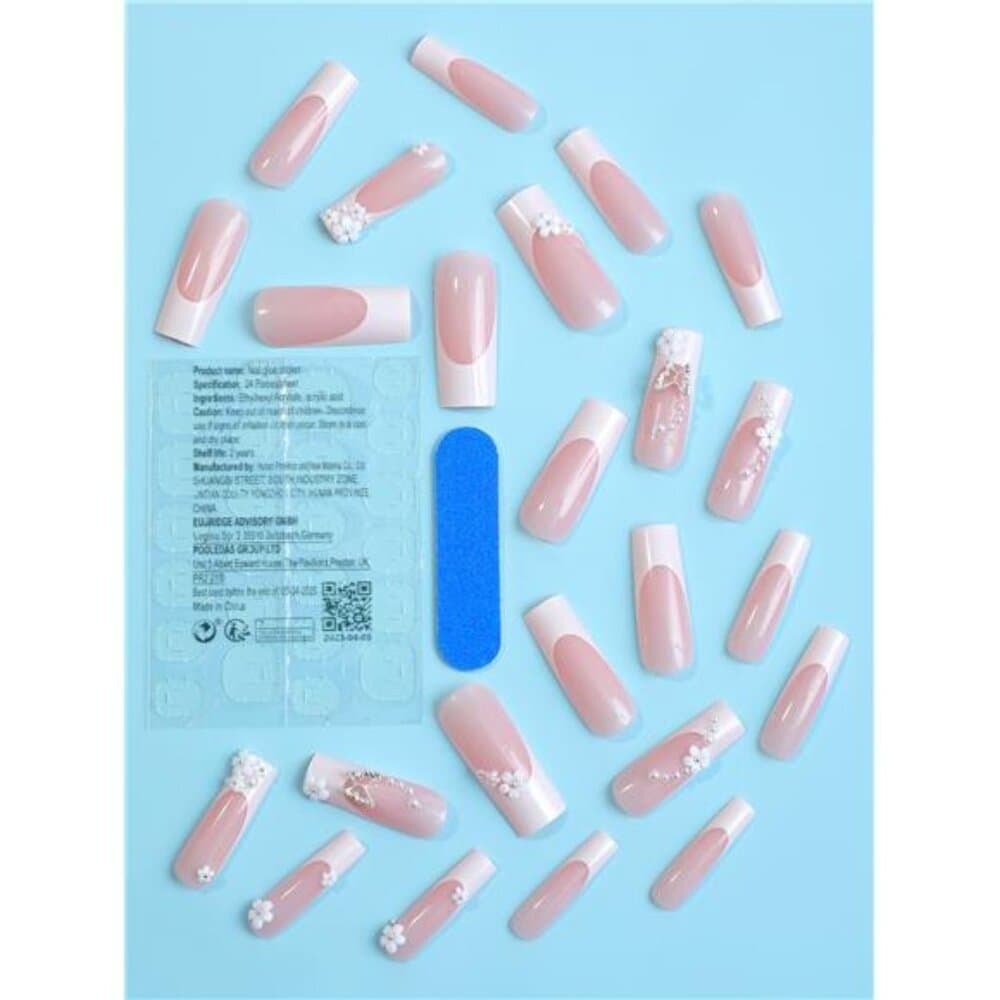 24pcs Pink Rectangular Press-On Nails, French Style With Faux Pearl, Camellia - Thumbnail 2