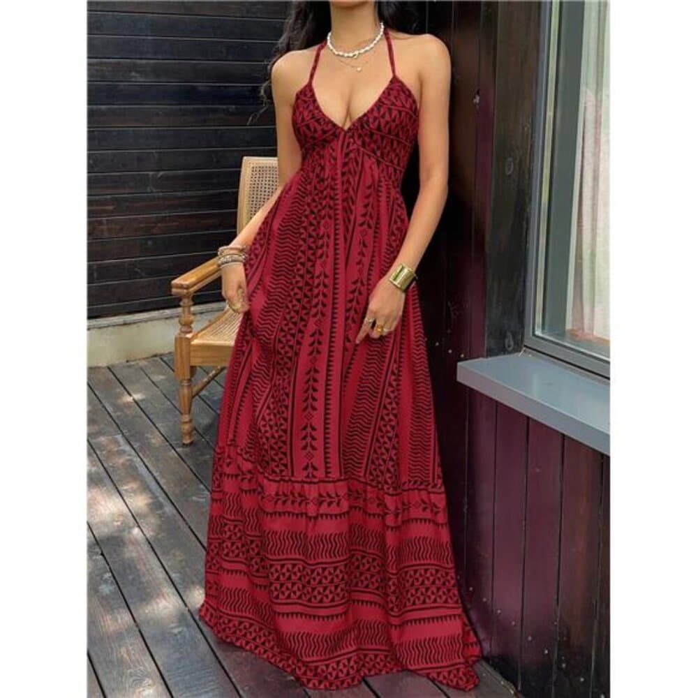 Red Digital Print Fitted Waist Backless Tie Strap Dress, French - Thumbnail 4