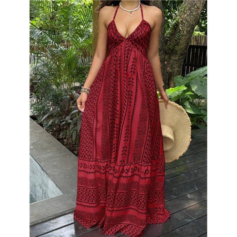 Red Digital Print Fitted Waist Backless Tie Strap Dress, French - Thumbnail 3