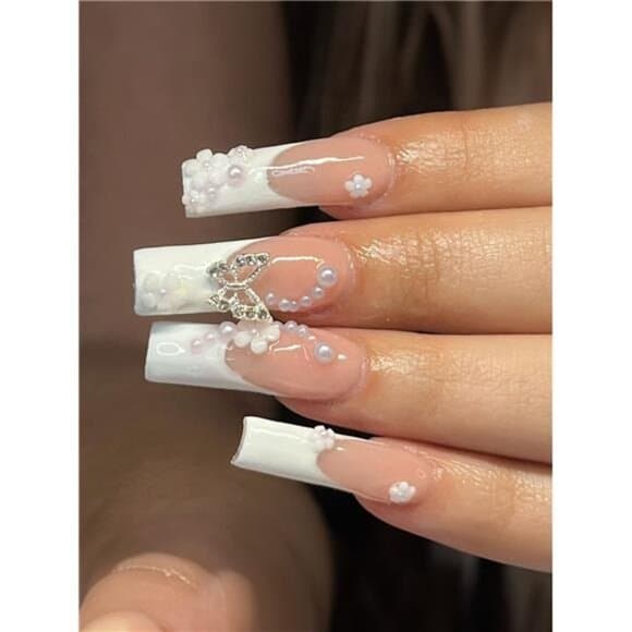 24pcs Pink Rectangular Press-On Nails, French Style With Faux Pearl, Camellia - Thumbnail 7