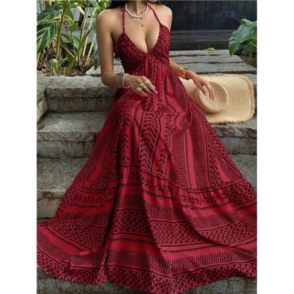 Red Digital Print Fitted Waist Backless Tie Strap Dress, French - Thumbnail 6