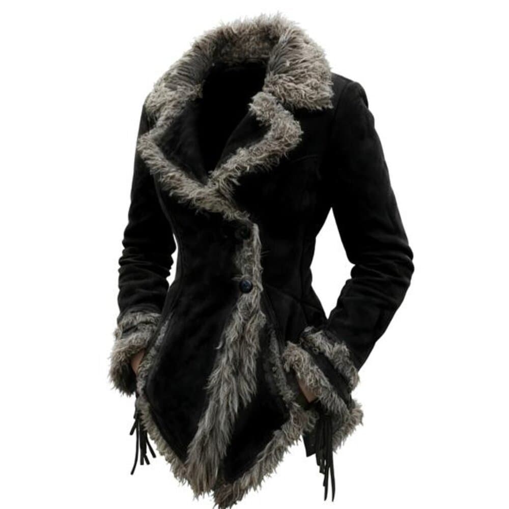 Women'S Retro Suede-Like Velvet Coat with a Fur Collar Lapel Jacket - Thumbnail 2